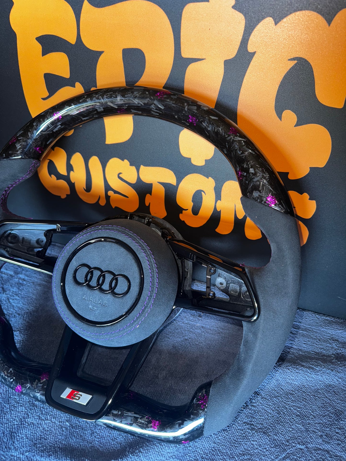 AUDI R8/TT FORGED CARBON FIBRE / ALCANTARA FLAT BOTTOM CUSTOM STEERING WHEEL