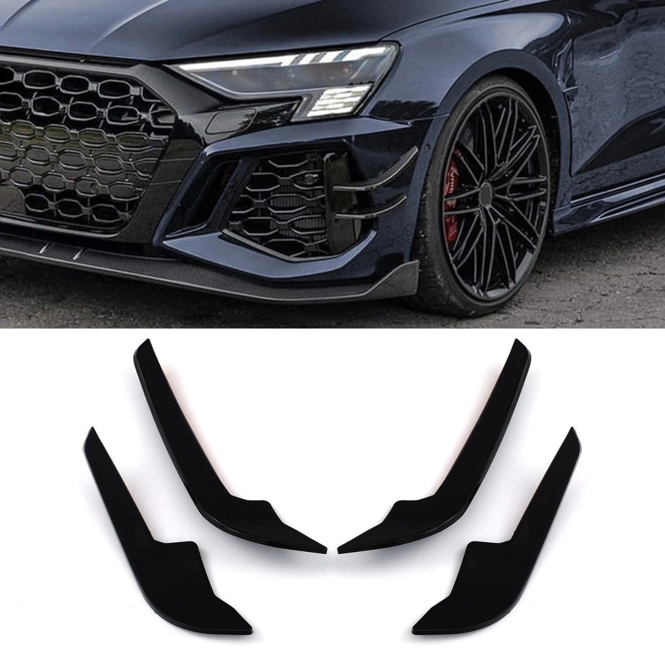 GLOSS BLACK FRONT BUMPER CANARDS SPATS FOR AUDI RS3 8Y PRE-FACELIFT 2020-2024